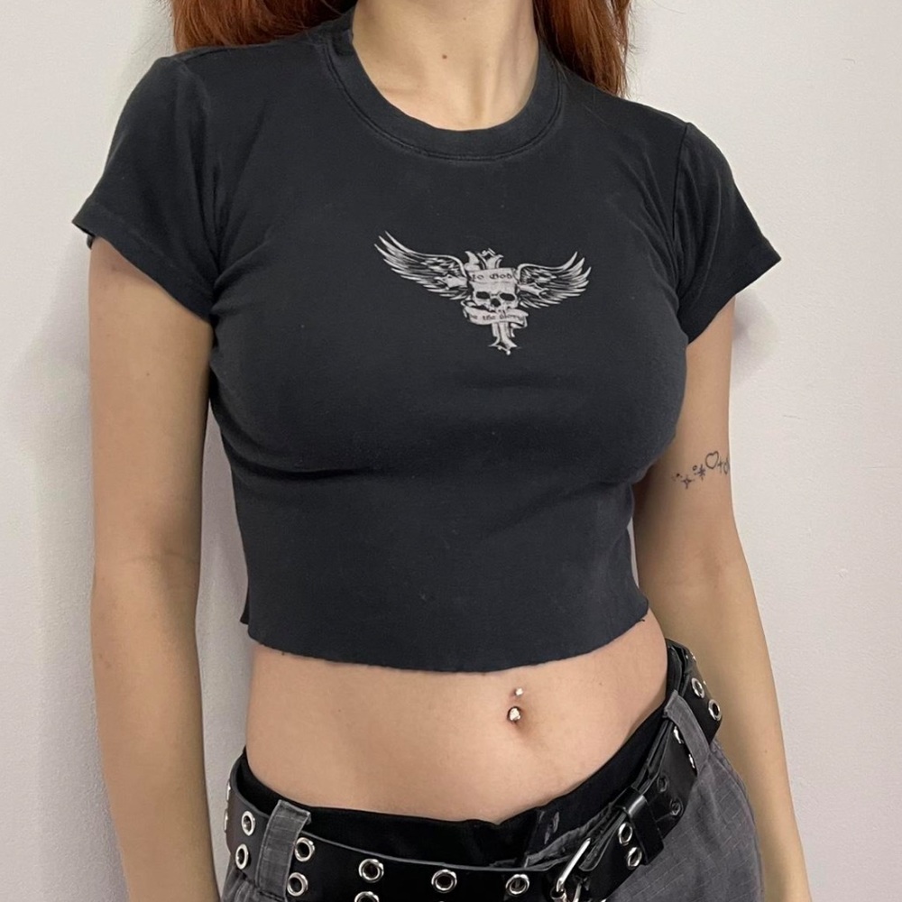 John Galt Tee Skull Wings Cross Raw Hem